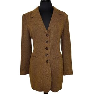 Coldwater Creek Vintage Brown Tweed Wool Blend Longline Blazer Tailored Jacket